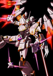  absurdres bit_(gundam) black_background cal-re.a commentary_request dual_wielding funnels_(gundam) glowing glowing_eyes gold_trim gundam gundam_seed gundam_seed_freedom highres holding holding_sword holding_weapon mecha mecha_focus mechanical_wings mobile_suit nagi_(user_dwyh2252) no_humans one-eyed red_eyes robot science_fiction solo sword thrusters v-fin weapon wings 