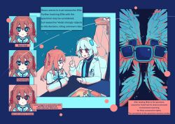  1other :d absurdres ahoge alternate_costume angel_wings aqua_bow aqua_bowtie biblically_accurate_angel black_shirt blue_background blue_eyes blue_necktie blush bob_cut bow bowtie brown_hair cable cardigan closed_mouth coat collared_shirt drawstring ellie_minibot english_text frown glitch hair_between_eyes hair_intakes hair_ornament hair_ribbon hand_in_pocket heart heart_hair_ornament heart_in_eye highres id_card indie_virtual_youtuber lab_coat limited_palette lingyou long_hair long_sleeves monitor multiple_expressions multiple_views necktie neuro-sama open_mouth pointing pointing_up red_eyes red_ribbon ribbon sailor_collar shirt short_hair smile star_(sky) symbol_in_eye table two_side_up vedal_ai virtual_youtuber white_coat white_hair white_sailor_collar white_wings wings yellow_cardigan 