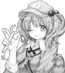  1girl backpack bag bandaid blush bust clown_222 hair_bobbles hair_ornament hat kawashiro_nitori key millipen_(medium) monochrome open_mouth smile solo touhou traditional_media twintails wink wrench 