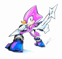  1boy brown_eyes colored_skin espio_the_chameleon full_body furry furry_male gloves holding holding_kunai holding_shuriken holding_weapon kunai looking_at_viewer purple_shoes purple_skin shoes shuriken signature simple_background solo sonic_(series) tail to_the_maxio weapon white_background white_gloves 