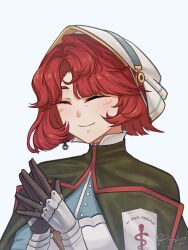  1girl ^_^ absurdres artist_name blue_shirt cape closed_eyes closed_mouth gauntlets green_cape hands_up hat highres marsha_(reverse:1999) own_hands_together red_hair reverse:1999 rod_of_asclepius roxs_(roxss29) shirt short_hair smile solo steepled_fingers upper_body white_background white_hat 