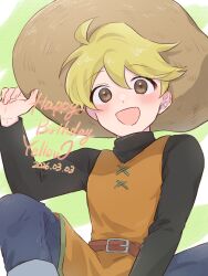  1girl :d belt black_shirt blonde_hair blush brown_belt brown_eyes brown_hat character_name commentary_request dated grey_pants hair_between_eyes hand_up happy happy_birthday hat highres looking_at_viewer open_mouth orange_tunic pants pokemon pokemon_adventures reverse_trap shirt short_hair smile solo tsukimi_(tkm_516) tunic yellow_(pokemon) 