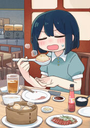  1girl bamboo_steamer black_hair blunt_ends blurry blush bob_cut bottle center-flap_bangs chair chinese_spoon chopsticks closed_eyes commentary_request cup depth_of_field double-parted_bangs drink drinking_glass dumpling eating empty_plate food furrowed_brow hands_up holding holding_spoon indoors mamezara meal napkin no_nose on_chair open_mouth original plate puffy_short_sleeves puffy_sleeves restaurant short_hair short_sleeves sliding_doors solo soy_sauce spoon steam sweatdrop table u_u wing_collar wooden_chair wooden_table xiaolongbao yomoi_nui 