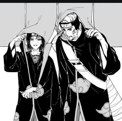  2boys akatsuki_uniform clenched_teeth coat commentary_request curtains facial_mark fishnets forehead_protector gyogyo_hjj headband headgear height_difference hoshigaki_kisame hunched_over korean_commentary male_focus multiple_boys naruto_(series) naruto_shippuuden sharp_teeth teeth uchiha_itachi weapon weapon_on_back 