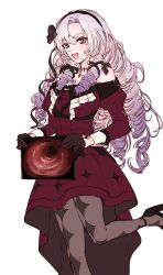  1girl :d black_gloves black_hairband black_pantyhose breasts commentary_request dress drill_hair foot_out_of_frame from_below gloves gradient_hair gyogyo_hjj hairband half_gloves high-low_dress high_heels highres holding holding_photo hyakumantenbara_salome hyakumantenbara_salome_(1st_costume) korean_commentary medium_breasts multicolored_hair nijisanji off-shoulder_dress off_shoulder pantyhose photo_(object) purple_dress purple_hair smile solo standing standing_on_one_leg violet_eyes virtual_youtuber 