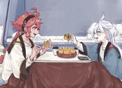  2girls ahoge asticassia_school_uniform black_hairband blue_eyes blue_jacket cellphone commentary_request cup disposable_coffee_cup disposable_cup doodled_object food fruit green_eyes grey_hair gundam gundam_suisei_no_majo hair_between_eyes hair_tie hairband holding holding_food holding_fruit holding_marker ichi27ichi jacket long_hair long_sleeves looking_at_another low_ponytail mandarin_orange marker miorine_rembran multi-tied_hair multiple_girls open_mouth phone ponytail red_hair school_uniform shirt short_hair_with_long_locks shoulder_boards single_sidelock smartphone smile suletta_mercury teeth thick_eyebrows upper_body upper_teeth_only white_jacket white_shirt 