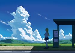  1girl absurdres ahoge black_skirt blonde_hair blue_sky bocchi_the_rock! bus_stop_shelter clouds commentary_request day ego_phony facing_away from_side full_body highres ijichi_nijika landscape looking_to_the_side meadow miniskirt outdoors pantyhose pleated_skirt ponytail scenery shade shirt shoes short_sleeves sidewalk skirt sky solo summer walking white_pantyhose white_shirt 