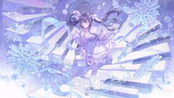  aqua_eyes black_hair commentary dress highres ice looking_at_viewer mei_yuansheng original piano_keys purple_shoes shoes smile thigh-highs twintails white_dress 