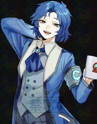  1boy :d arm_behind_head armband black_background black_pants blue_hair blue_jacket blue_neckerchief blue_vest brooch brown_eyes buttons chesed_(project_moon) coffee_mug collared_shirt commentary_request cowboy_shot cup curtained_hair hand_up holding holding_cup jacket jewelry lapels lobotomy_corporation long_sleeves looking_at_viewer male_focus medu_(rubish) mug neckerchief open_clothes open_jacket pants parted_bangs project_moon shirt short_hair smile solo teeth vest watermark 