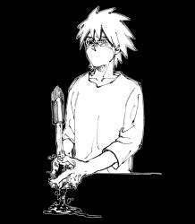  1boy aged_down commentary_request gyogyo_hjj hatake_kakashi heterochromia highres korean_commentary male_focus mask monochrome mouth_mask naruto_(series) naruto_shippuuden sharingan shirt sink solo upper_body washing_hands 