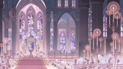  altar arch arched_window candle candlelight candlestand carpet chinese_commentary church floral_arch flower hanxiaodan highres indoors lovebrush_chronicles muntins no_humans official_art outdoors pillar pink_flower pink_rose purple_flower purple_rose rose scenery stained_glass stairs white_flower window 