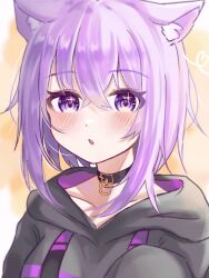  1girl ahoge animal_collar animal_ear_fluff animal_ears black_collar black_hoodie blush breasts cat_ears cat_girl cat_tail collar collarbone commentary_request cropped_hoodie food food_print hair_between_eyes highres hololive hood hood_down hoodie long_sleeves looking_at_viewer nagicha nekomata_okayu nekomata_okayu_(1st_costume) onigiri onigiri_print open_mouth purple_hair shirt short_hair sleeves_past_wrists solo tail upper_body violet_eyes virtual_youtuber 