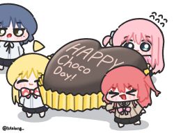  >_< 4girls :d ahoge black_skirt blonde_hair blue_eyes blue_hair bocchi_the_rock! bow bowtie brown_shirt candy chibi chibi_only chocolate closed_eyes closed_mouth commentary detached_ahoge drooling english_commentary flying_sweatdrops food gotoh_hitori green_eyes heart heart-shaped_chocolate heart-shaped_food highres ijichi_nijika kessoku_band kita_ikuyo long_hair lulalang mole mole_under_eye multiple_girls one_side_up open_mouth oversized_food oversized_object pink_hair polka_dot polka_dot_bow polka_dot_bowtie red_bow red_bowtie red_hair school_uniform shimokitazawa_high_school_uniform shirt short_hair shuka_high_school_uniform simple_background skirt smile twitter_username valentine white_background white_shirt yamada_ryo 