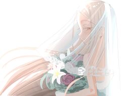  1girl blonde_hair bouquet bridal_veil bride closed_mouth colored_eyelashes commentary_request dress floating_hair from_side gakuen_idolmaster half-closed_eyes highres holding holding_bouquet idolmaster long_hair mozaemon orange_eyes profile shinosawa_hiro simple_background smile solo strapless strapless_dress upper_body veil very_long_hair wedding_dress white_background white_dress white_veil 