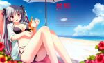  1girl :d absurdres bare_legs beach beach_umbrella bikini black_bikini blue_sky blush breasts cleavage clouds collarbone fingernails flower food highres hooded_jacket ice_cream kanekiyo_miwa kurano_kun_chi_no_futago_jijou kurano_tomoka long_hair looking_at_viewer lying navel ocean on_back open_mouth reclining red_eyes scan side-tie_bikini silver_hair sky smile solo spoon sweat swimsuit twintails 