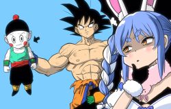  1girl 2boys abs animal_ears aqua_tank_top arrow_(symbol) black_gloves black_hat blue_hair braid carrying carrying_person chaozu clenched_hands colored_skin commentary_request don-chan_(usada_pekora) dragon_ball dragon_ball_z flat_chest frown fur-trimmed_gloves fur_trim gloves guapi_mao hand_on_own_chin hat highres hololive imagining lee_(dragon_garou) multiple_boys muscular muscular_male orange_eyes rabbit_ears rabbit_girl raised_eyebrow serious son_goku speech_bubble tank_top thick_eyebrows thinking thought_bubble topless_male torn_clothes twin_braids usada_pekora usada_pekora_(1st_costume) virtual_youtuber white_hair white_skin wristband 