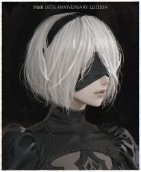  1girl 2b_(nier:automata) anniversary black_background black_dress black_hairband blindfold d.k dress english_commentary grey_hair hairband juliet_sleeves lips long_sleeves nier:automata nier_(series) portrait puffy_sleeves short_hair solo turtleneck turtleneck_dress upper_body 