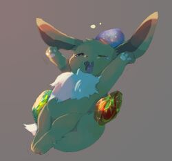  animal_focus commentary_request eevee evolution_stone fangs fire_stone full_body grey_background highres hinekure looking_at_viewer no_humans open_mouth pawpads pokemon pokemon_(creature) simple_background solo stretching thunder_stone water_stone yawning 