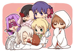  >_< 1boy 6+girls :o =_= absurdres affectionate_harem ahoge artoria_pendragon_(fate) back_bow black_hair black_sleeves blonde_hair blush bow chibi closed_eyes closed_mouth commentary_request confetti curtained_hair detached_sleeves dress earrings emiya_shirou eye_mask facial_mark fate_(series) flower forehead_mark frilled_dress frills fujimura_taiga gold_earrings green_eyes hair_bun hair_flower hair_ornament hair_ribbon hand_up highres illyasviel_von_einzbern jacket jewelry laughing long_hair mask matou_sakura medusa_(fate) medusa_(rider)_(fate) multiple_girls open_mouth outstretched_arm ponytail purple_flower purple_hair red_flower red_ribbon ribbon saber_(fate) sandals single_hair_bun standing stud_earrings sweatdrop tohsaka_rin tsubuta_hiro violet_eyes wedding_dress white_dress white_hair white_jacket 