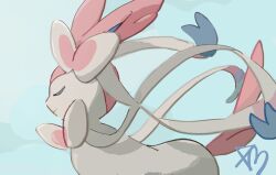  blue_background cc8nw42u15apug0 closed_eyes from_side multicolored_fur no_humans pink_fur pokemon pokemon_(creature) signature solo sylveon tail white_fur 