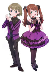  2boys absurdres androgynous arms_up belt black_belt black_bow black_collar black_dress black_gloves black_pants black_shirt black_shoes blue_eyes bow brown_hair brown_pantyhose closed_mouth collar commentary_request crossdressing crossdressing_(mtf) detached_sleeves dress fingerless_gloves frilled_collar frilled_dress frilled_shirt frills gloves green_eyes green_hair hair_bow high_heels highres idolmaster idolmaster_side-m idolmaster_side-m_growing_stars layered_dress long_hair long_sleeves looking_at_viewer mizushima_saki multiple_boys open_mouth own_hands_together pants pantyhose pearl_body_chain purple_dress purple_shirt shihiro_(ro_ro_sh) shirt shoes short_hair short_sleeves simple_background split_mouth swept_bangs twintails two-tone_dress two-tone_shirt uzuki_makio white_background 
