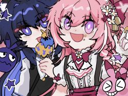  2girls alternate_costume ascot bilizinger center_frills chinese_commentary commentary_request crumbs elysia_(honkai_impact) frills gloves highres holding holding_ice_cream_cone honkai_(series) honkai_impact_3rd ice_cream_cone licking long_hair multiple_girls open_mouth pink_hair purple_hair raiden_mei shirt short_sleeves smile upper_body violet_eyes white_ascot white_gloves white_shirt 