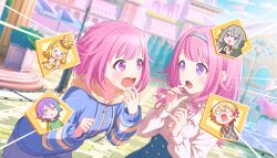  2boys 4girls :d :o aqua_eyes aqua_streaks asymmetrical_sidelocks black_trim blank_eyes blonde_hair blue_hoodie blue_shorts blue_skirt blunt_bangs blush_stickers bow bowtie breasts brown_trim buttons center_frills change!_emu_wa_ojou_sama!?_(project_sekai) chibi collarbone_peek collared_shirt colorful_palette curly_sidelocks dot_nose drawstring dress earrings elle_(project_sekai) emphasis_lines fingernails frilled_sleeves frills game_cg gradient_hair green_hair green_shirt grey_sweater_vest hair_flaps hair_ornament hairband hairclip hands_up hat_ornament high-waist_skirt highres hood hoodie jewelry kagamine_rin kamishiro_rui kusanagi_nene layered_dress light_blush long_hair long_sleeves low-tied_sidelocks mole mole_under_eye multicolored_dress multicolored_hair multiple_boys multiple_girls necklace o_o official_art ootori_emu open_mouth orange_bow orange_bowtie orange_dress orange_hair outdoors pink_eyes pink_hair project_sekai puffy_long_sleeves puffy_short_sleeves puffy_sleeves purple_hair shirt short_hair short_sleeves shorts sidelocks single_earring skirt small_breasts smile sparkle standing star_(symbol) star_hat_ornament streaked_hair surprised suspender_skirt suspenders sweatdrop sweater_vest swept_bangs tenma_tsukasa third-party_source tree two-tone_hoodie upper_body v-shaped_eyebrows violet_eyes vocaloid white_dress white_shirt wonderlands_x_showtime_(project_sekai) wonderlands_x_showtime_rin yellow_eyes yellow_hoodie yellow_shirt zipper 