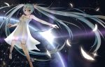  1girl anklet barefoot bracelet dress feathers hatsune_miku jewelry long_hair open_mouth planet solo soulkiller twintails very_long_hair vocaloid 