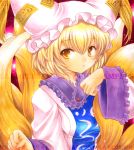  1girl animal_ears blonde_hair charm_(object) fox_ears fox_tail multiple_tails pemoko short_hair tail touhou wide_sleeves yakumo_ran yellow_eyes 