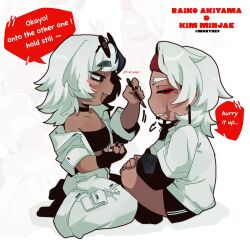  2girls @_@ absurdres black_socks bra cargo_pants character_name chibi choker closed_eyes earrings eyeliner eyewear_on_head face_piercing fingerless_gloves fingernails glasses gloves hairband highres jacket jewelry labret_piercing leather leather_jacket makeup multiple_girls ny_000a original pants piercing red_eyeliner red_hairband scar scar_on_face shirt shorts socks speech_bubble strapless strapless_bra tan twitter_username underwear white_hair white_jacket white_pants white_shirt 