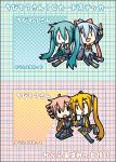  4girls akita_neru aqua_hair bare_shoulders blonde_hair blue_hair bow bread cellphone chibi detached_sleeves drill_hair eating food hair_ribbon hatsune_miku headphones kasane_teto kiyone_suzu long_hair minami_(colorful_palette) multiple_girls necktie phone pink_hair plaid plaid_background ponytail ribbon side_ponytail sitting skirt spring_onion translation_request twin_drills utau vocaloid |_| 