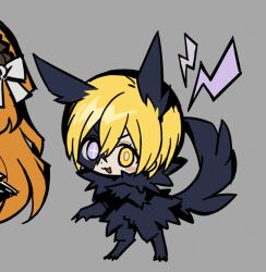  2girls :3 animal_ears animal_legs blonde_hair coat commentary dated_commentary don_quixote_(project_moon) e.g.o_(project_moon) ishmael_(project_moon) limbus_company long_hair multiple_girls official_art open_mouth orange_hair out_of_frame project_moon purple_coat short_hair smile tail telepole_(e.g.o) untranslatable_commentary very_long_hair wolf_ears wolf_tail yellow_eyes 