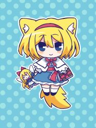  1girl alice_margatroid animal_ear_fluff animal_ears blonde_hair blue_background blue_dress blue_eyes book capelet chibi chibi_only closed_mouth commentary commentary_request dog_ears dog_girl dog_tail doll dress full_body grimoire grimoire_of_alice hairband hashtag-only_commentary highres holding holding_book looking_at_viewer medium_hair red_hairband shanghai_doll silverrain smile solo tail touhou white_capelet 