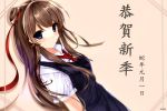  1girl blue_eyes blush brown_hair highres iron_(huyiyang) long_hair looking_at_viewer necktie ribbon simple_background smile solo 
