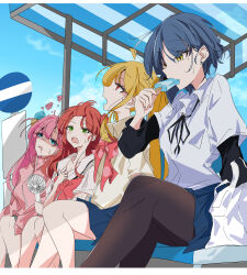  4girls absurdres ahoge black_pantyhose blonde_hair blue_eyes blue_hair blue_skirt blue_sky bocchi_the_rock! bow bowtie commentary cube_hair_ornament day dora_one7 earrings food gotoh_hitori green_eyes hair_ornament hand_fan highres holding holding_food holding_popsicle ijichi_nijika jacket jewelry kessoku_band kita_ikuyo long_hair mole mole_under_eye multiple_girls open_mouth pantyhose pink_bow pink_bowtie pink_hair pink_jacket popsicle red_eyes red_hair shirt short_hair sitting skirt sky stud_earrings white_shirt yamada_ryo yellow_eyes 
