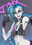  1girl absurdres bare_shoulders blue_hair braid bullet_necklace fingerless_gloves flat_chest gloves grin haimerejzero highres jewelry jinx_(league_of_legends) league_of_legends lipstick long_hair looking_at_viewer makeup midriff nail_polish necklace smile solo twin_braids very_long_hair 