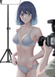  1boy 1girl absurdres blue_eyes blue_hair bra breasts camera casting_couch closed_mouth commentary_request gradient_hair highres kurokawa_akane medium_breasts multicolored_hair oshi_no_ko panties recording solo_focus underwear undressing white_bra white_panties 