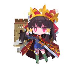  1girl absurdres alternate_costume between_fingers blue_dress boots bow brown_hair building cape closed_mouth dress frilled_bow frilled_hair_tubes frills full_body green_boots hair_bow hair_tubes hakurei_reimu highres holding holding_ofuda holding_sword holding_weapon knee_boots long_hair long_sleeves looking_at_viewer official_art ofuda ofuda_between_fingers pink_eyes red_bow red_cape smile solo sword tiara tohotopia touhou wanzilala16 weapon white_background 