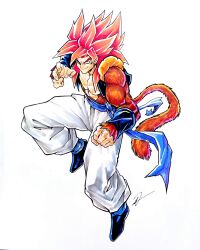  1boy baggy_pants black_boots blue_pants blue_sash boots clenched_hand dragon_ball dragon_ball_gt full_body gogeta highres looking_at_viewer monkey_tail pants pink_hair pointy_hair sash signature simple_background solo super_saiyan super_saiyan_4 tail to_the_maxio waist_sash white_background 