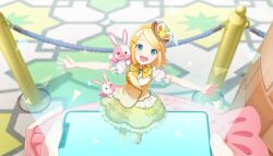  2girls 2others :d aqua_eyes argyle_clothes argyle_dress blonde_hair bow brown_dress brown_hat brown_trim cellphone change!_emu_wa_ojou_sama!?_(project_sekai) colorful_palette dot_nose dress female_pov fingernails flipped_hair frilled_dress frilled_sleeves frills game_cg hair_ornament hairclip happy hat hat_ornament highres holding holding_phone kagamine_rin lapels light_blush looking_at_viewer multicolored_dress multiple_girls multiple_others official_art ootori_emu open_mouth orange_bow orange_shoes outdoors outstretched_arms pantyhose phone pink_rabbit pov project_sekai puffy_short_sleeves puffy_sleeves rabbit shoes short_hair short_sleeves smartphone smile spread_arms star_(symbol) star_hair_ornament star_hat_ornament striped_clothes striped_pantyhose stuffed_animal stuffed_rabbit stuffed_toy third-party_source triangle two-tone_dress vocaloid wonderlands_x_showtime_rin yellow_dress yellow_pantyhose 