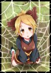  1girl absurdres baba_(pixiv3422465) blonde_hair from_above hair_ribbon highres open_mouth ponytail ribbon solo spider_web touhou yellow_eyes 