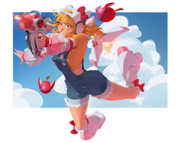  absurdres biting_own_lip blonde_hair blue_eyes blue_sky border bow buttons clouds cosplay crop_top english_commentary gun hello_kitty hello_kitty_(character) hello_kitty_(character)_(cosplay) highres holding holding_gun holding_weapon juno_(overwatch) long_hair midair overalls overwatch red_bow sanrio shirt sky weapon white_border yellow_shirt zurka_durka 