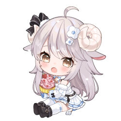  1girl :o ahoge animal_ears bell black_boots blush boots brown_eyes chibi chitetan commentary_request copyright_request detached_sleeves dotted_line flower fold-over_boots full_body fur-trimmed_sleeves fur_trim grey_hair hair_flower hair_ornament heart horns long_hair long_sleeves neck_bell open_mouth pleated_skirt sheep_ears sheep_girl sheep_horns shoe_soles simple_background sitting skirt solo thigh-highs thighhighs_under_boots very_long_hair virtual_youtuber watermark white_background white_flower white_skirt white_sleeves white_thighhighs 