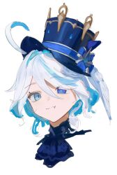  1girl ahoge ascot black_shirt blue_ascot blue_eyes blue_gem blue_hair blue_hat blue_pupils bow closed_mouth colored_inner_hair commentary_request drill_hair drill_sidelocks furina_(genshin_impact) gem genshin_impact hair_between_eyes happy_pepe_2 hat hat_bow hat_ornament heterochromia highres huge_ahoge looking_at_viewer mismatched_pupils multicolored_hair shirt short_hair sidelocks simple_background sketch smile solo top_hat two-tone_hair upper_body veil white_background white_hair white_veil 