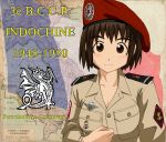  1girl badge beret blush brown_eyes brown_hair dragon epaulettes first_indochina_war france french french_flag hat military military_uniform original portrait short_hair smile soldier solo tiger_monta uniform vietnam 