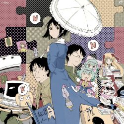  air_conditioner ana_yaire2 bell blue_dress body_pillow book chair computer dress figure glasses hashtag-only_commentary highres holding holding_umbrella jingle_bell kobayashi_megumi nakahara_misaki nhk_ni_youkoso! personification pillow pururin_(nhk) puzzle_piece satou_tatsuhiro umbrella yamazaki_kaoru 