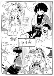  1boy 1girl ^^^ against_tree akt_eak aranara_(genshin_impact) armlet armor asymmetrical_sidelocks belt blank_eyes blunt_ends blush_stickers bodysuit border bow bracelet bridal_gauntlets cape choppy_bangs closed_eyes closed_mouth commentary_request creature detached_sleeves dress eyelashes facing_down feathers flower flower_wreath genshin_impact greyscale hair_ornament hakama hakama_shorts half-closed_eyes half_crown_braid hand_on_own_knee hand_on_own_thigh hands_on_own_face hands_up holding holding_flower japanese_armor japanese_clothes jewelry juban kimono knee_up kote leaf leaf_hair_ornament long_hair looking_at_creature looking_at_viewer middle_ring monochrome nahida_(genshin_impact) open_clothes open_kimono pleated_shorts pointy_ears pom_pom_(clothes) rope sash scaramouche_(genshin_impact) short_sleeves shorts shoulder_peek side_cape side_ponytail sidelocks sitting sleeping squatting sweatdrop tassel translation_request tree vision_(genshin_impact) waking_up wanderer_(genshin_impact) watermark white_border 