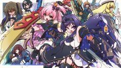  6+girls ahoge aiming arm_cutout armband ascot assault_lily bare_shoulders beret black_ascot black_boots black_bow black_capelet black_dress black_gloves black_hair black_hairband black_ribbon black_skirt black_thighhighs blonde_hair blue_armband blue_background blue_eyes blue_gem boots border bow bow_hairband breasts brown_gloves brown_hair capelet clothing_cutout collared_shirt commentary_request cropped_jacket detached_sleeves digamma dress falling_petals flower frilled_sleeves frills futagawa_fumi garter_straps gem gloves gradient_background green_eyes hair_between_eyes hair_bow hair_flower hair_ornament hair_over_shoulder hair_ribbon hair_scrunchie hairband hand_on_own_chest hand_on_own_hip hands_up hat heterochromia high-waist_skirt highres hitotsuyanagi_riri holding holding_sword holding_weapon itou_shizu_(assault_lily) jewelry juliet_sleeves kaede_johan_nouvel kuo_shenlin layered_dress long_hair long_sleeves looking_ahead looking_at_another looking_at_viewer looking_to_the_side low-tied_sidelocks medium_breasts multicolored_gloves multiple_girls neck_ribbon official_alternate_costume one_side_up open_mouth outside_border outstretched_arm petals pink_eyes pink_gem pink_hair profile puffy_sleeves purple_hair ribbon ring school_uniform scrunchie shirt short_hair sidelocks sideways_glance skirt sleeveless sleeveless_dress spread_legs standing standing_on_one_leg striped_bow sword tachihara_sayu tassel tassel_hair_ornament thigh-highs two-tone_dress two-tone_gloves v-shaped_eyebrows violet_eyes wang_yujia weapon white_border white_dress white_flower white_hat white_scrunchie white_shirt wide_sleeves yellow_eyes yurigaoka_girls_academy_school_uniform 