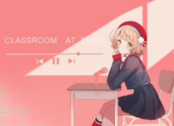  1girl absurdres beret blue_ribbon blunt_bangs braid brown_hair closed_mouth collared_shirt commentary_request desk dress_shirt english_text frilled_sleeves frills green_eyes grey_jacket grey_skirt hair_ornament hair_rings hat highres indie_virtual_youtuber jacket kneehighs legwear_garter light_smile long_sleeves looking_at_viewer looking_to_the_side miniskirt neck_ribbon pinstripe_jacket pinstripe_pattern pinstripe_skirt pleated_skirt pom_pom_(clothes) pom_pom_brooch pom_pom_hair_ornament red_hat red_sailor_collar red_socks ribbon sailor_collar school_desk school_uniform shigure_ui_(1st_costume)_(vtuber) shigure_ui_(vtuber) shirt short_hair side_braid side_up_ring sitting skirt sleeve_cuffs socks solo sunset swept_bangs temata_saburou virtual_youtuber white_shirt window_shadow 