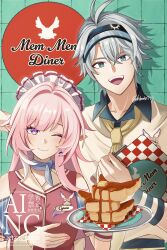  1boy 1girl absurdres alternate_costume blue_eyes collar collared_shirt commentary_request cyrene_(demiurge)_(honkai:_star_rail) cyrene_(honkai:_star_rail) earrings food green_collar highres holding holding_menu holding_plate honkai:_star_rail honkai_(series) jewelry long_hair looking_at_viewer maid_headdress mem_(honkai:_star_rail) menu multicolored_hair pancake pancake_stack phainon_(honkai:_star_rail) pink_hair pink_vest plate pointy_ears shiba_(tonari_no_shiba_inu) shirt short_hair two-tone_hair very_long_hair vest violet_eyes visor_cap white_hair white_shirt 